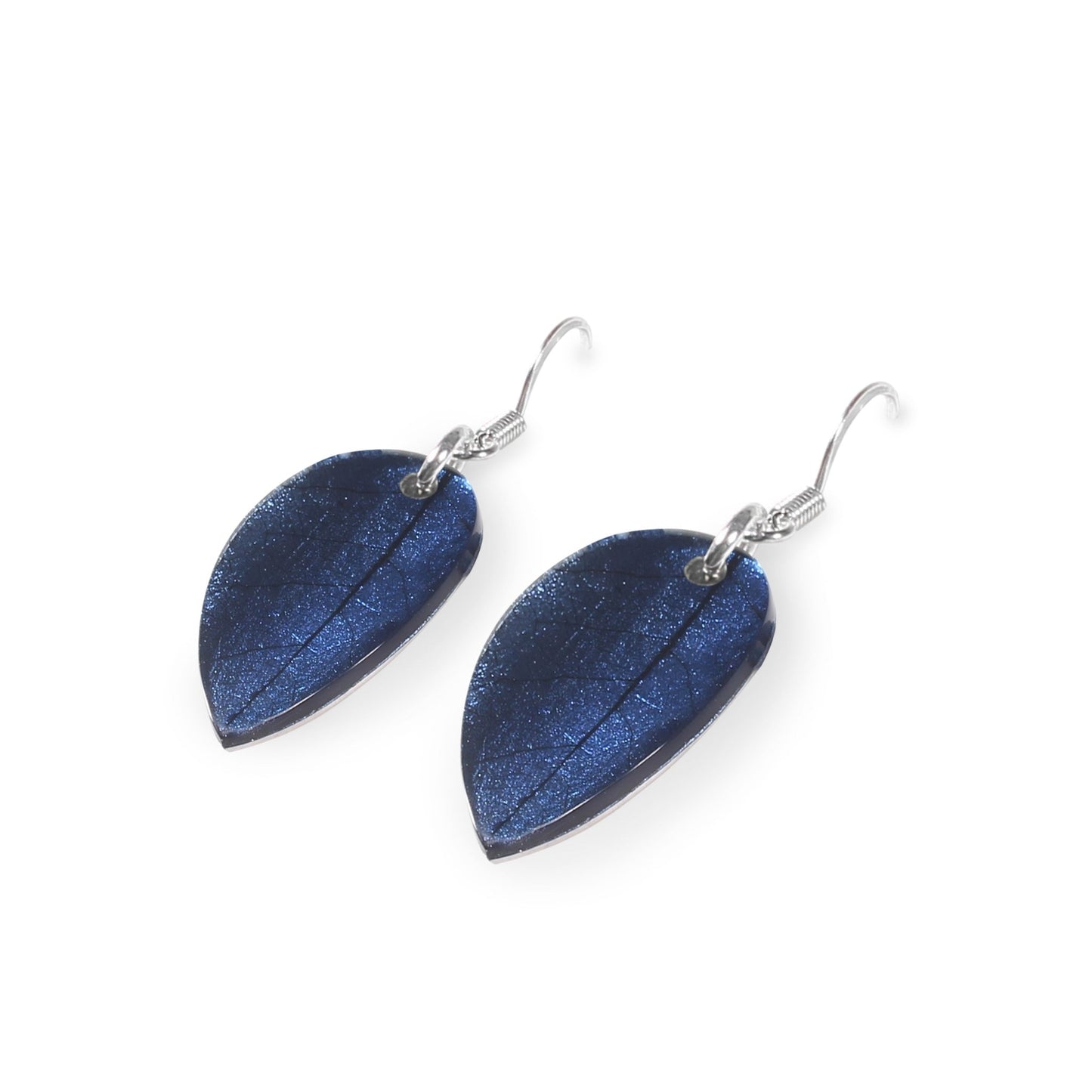 Cobalt Curved Leaf Shiny Fish Hook Earrings | The Jewellery Stop