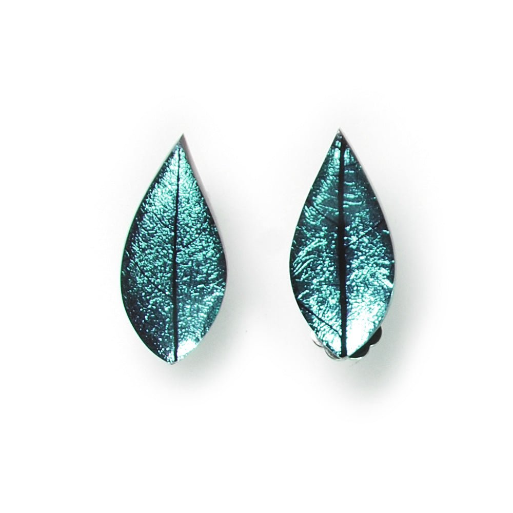 Aqua Skeletal Leaf Clip Earrings | The Jewellery Stop