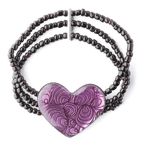 Purple Peacock Heart Bracelet on Black Beads | The Jewellery Stop