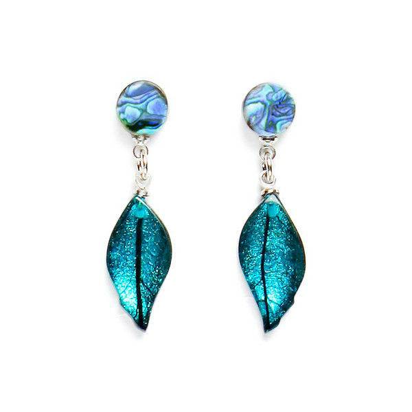 Peacock Skeletal Leaf with Shell Earrings Dangle Stud Earrings | The Jewellery Stop