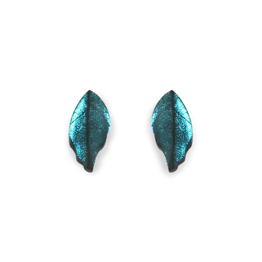 Teal Skeletal Leaf Combi Stud Earrings | The Jewellery Stop