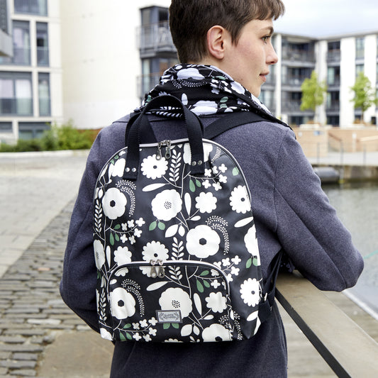 Black and White Floral Oil Cloth Backpack