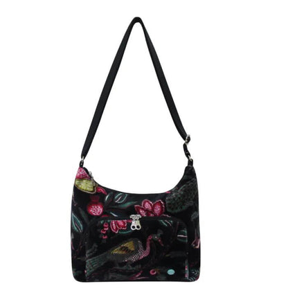 Black Botanical Printed Velvet Hobo Bag | The Jewellery Stop