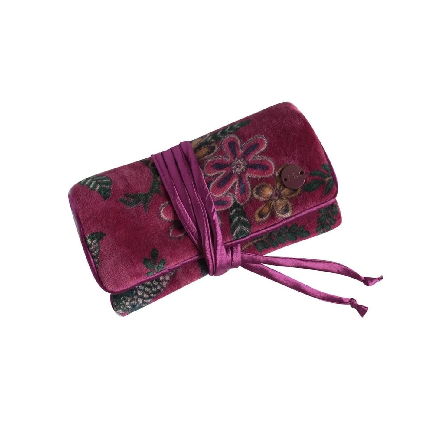 Plum Botanical Printed Velvet Jewellery Roll | The Jewellery Stop