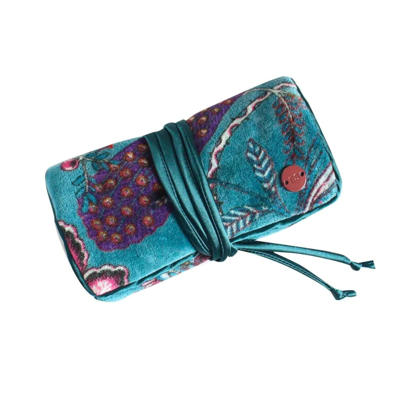 Teal Botanical Printed Velvet Jewellery Roll | The Jewellery Stop