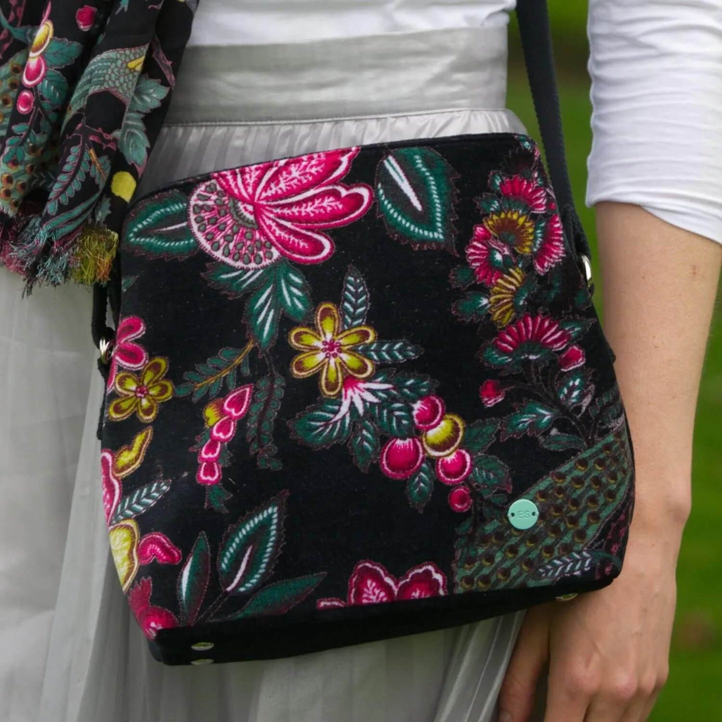 Black Botanical Printed Velvet Logan Bag | The Jewellery Stop