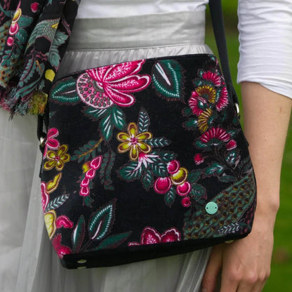 Black Botanical Printed Velvet Logan Bag | The Jewellery Stop