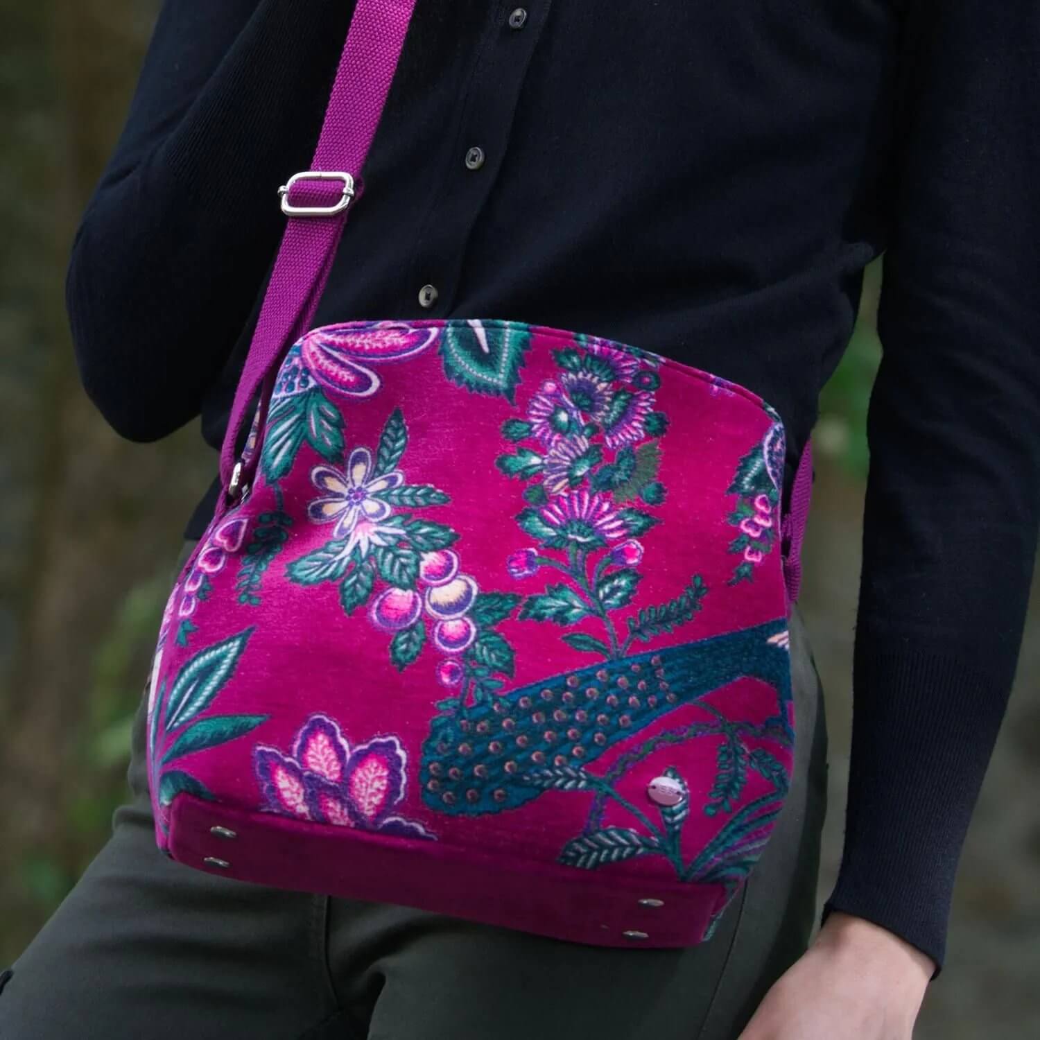 Plum Botanical Printed Velvet Logan Bag | The Jewellery Stop