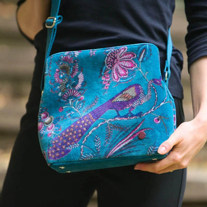 Teal Botanical Printed Velvet Logan Bag | The Jewellery Stop