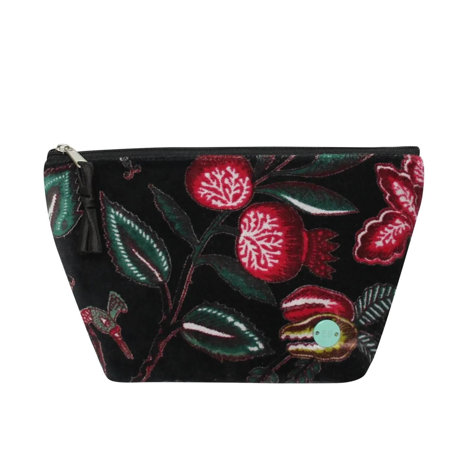 Black Botanical Printed Velvet Makeup Bag | The Jewellery Stop