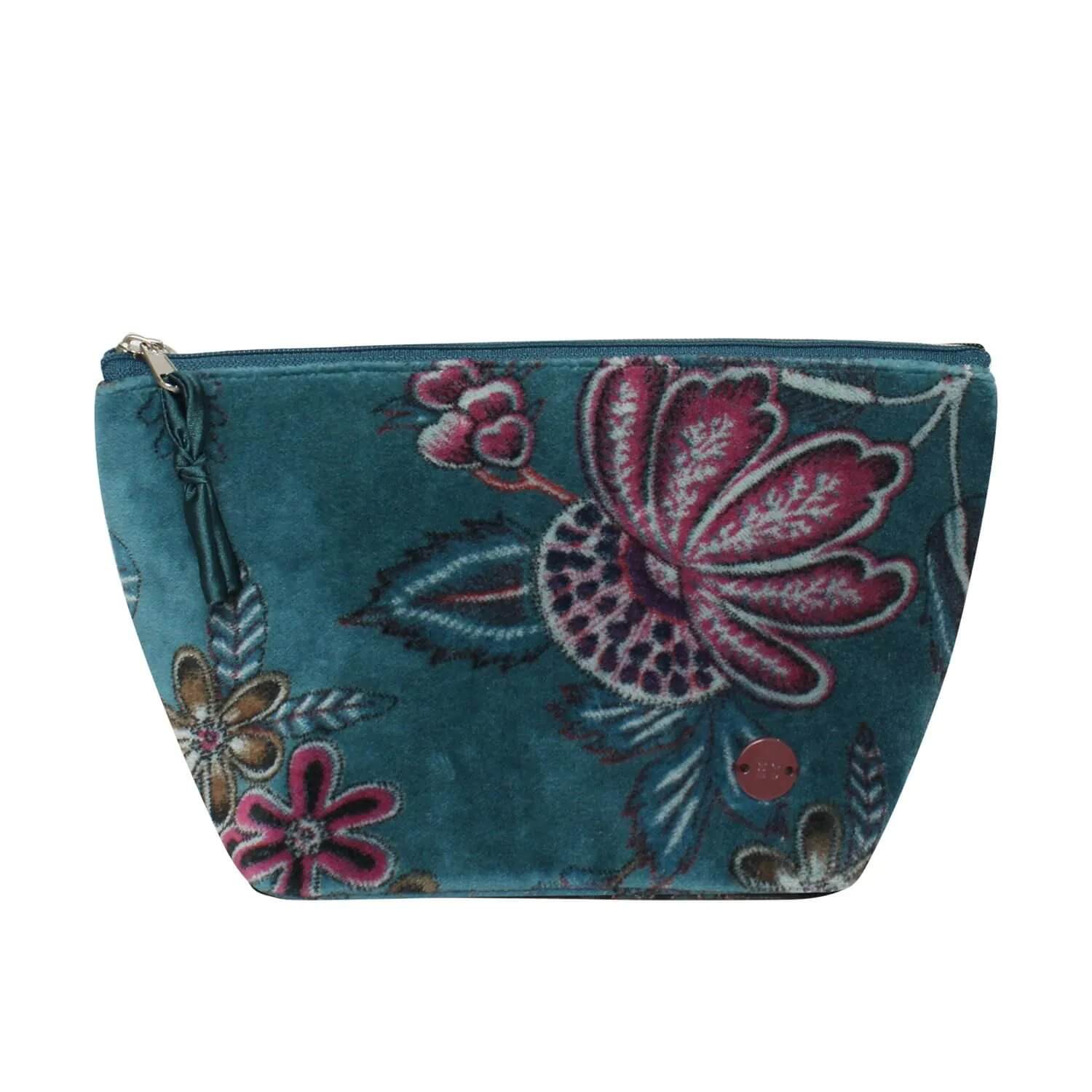 Teal Botanical Printed Velvet Makeup Bag | The Jewellery Stop