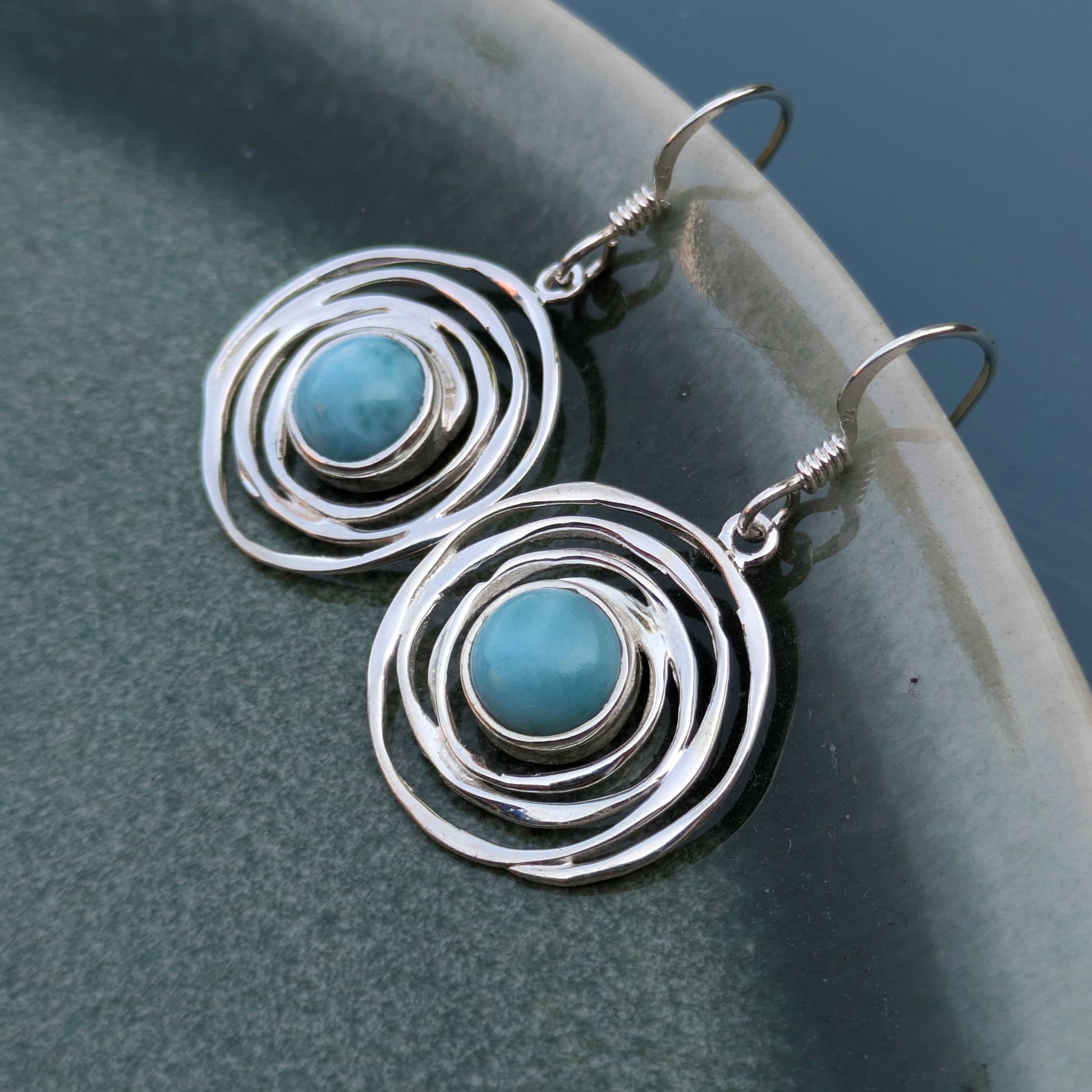 Sterling Silver Spiral Larimar Cabochon Drop Earrings | The Jewellery Stop