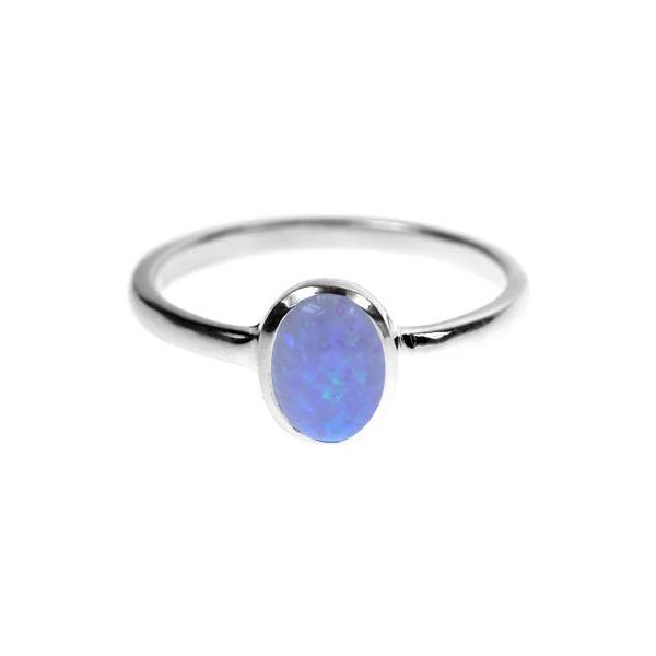 Angelica oval blue opalique plain shank ring | The Jewellery Stop