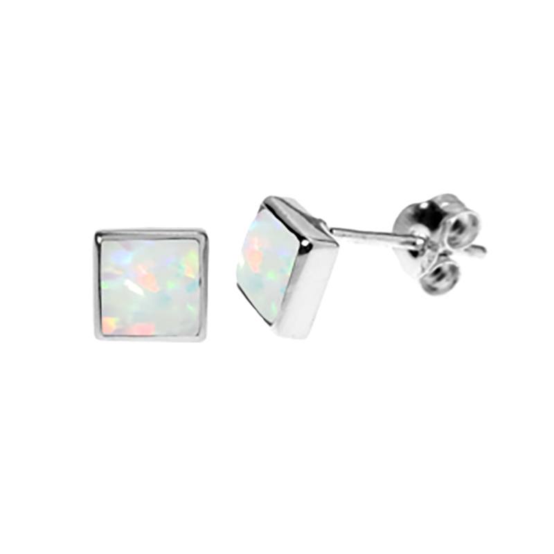 Sterling Silver Square White Opalique Stud Earrings
