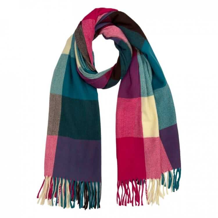 Teal and Pink Wool Mix Classic Check Scarf
