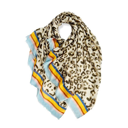 Leopard Print Scarf With Striped Blue Border | The Jewellery Stop