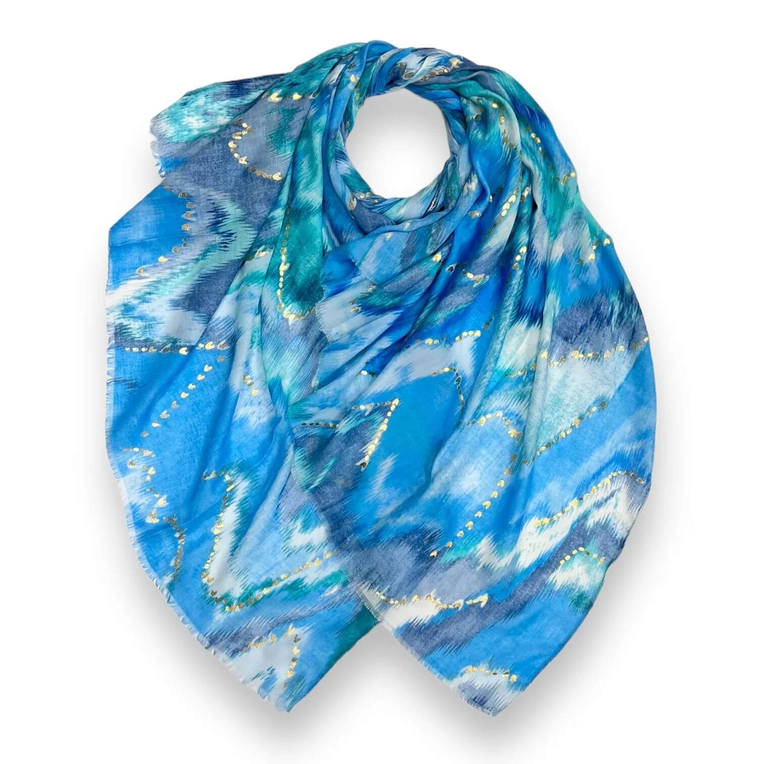 Blue Colourful Wave Scarf with Fringes