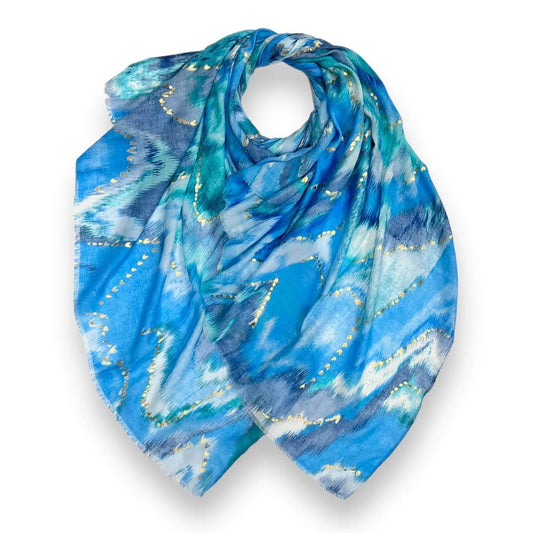 Blue Colourful Wave Scarf with Fringes