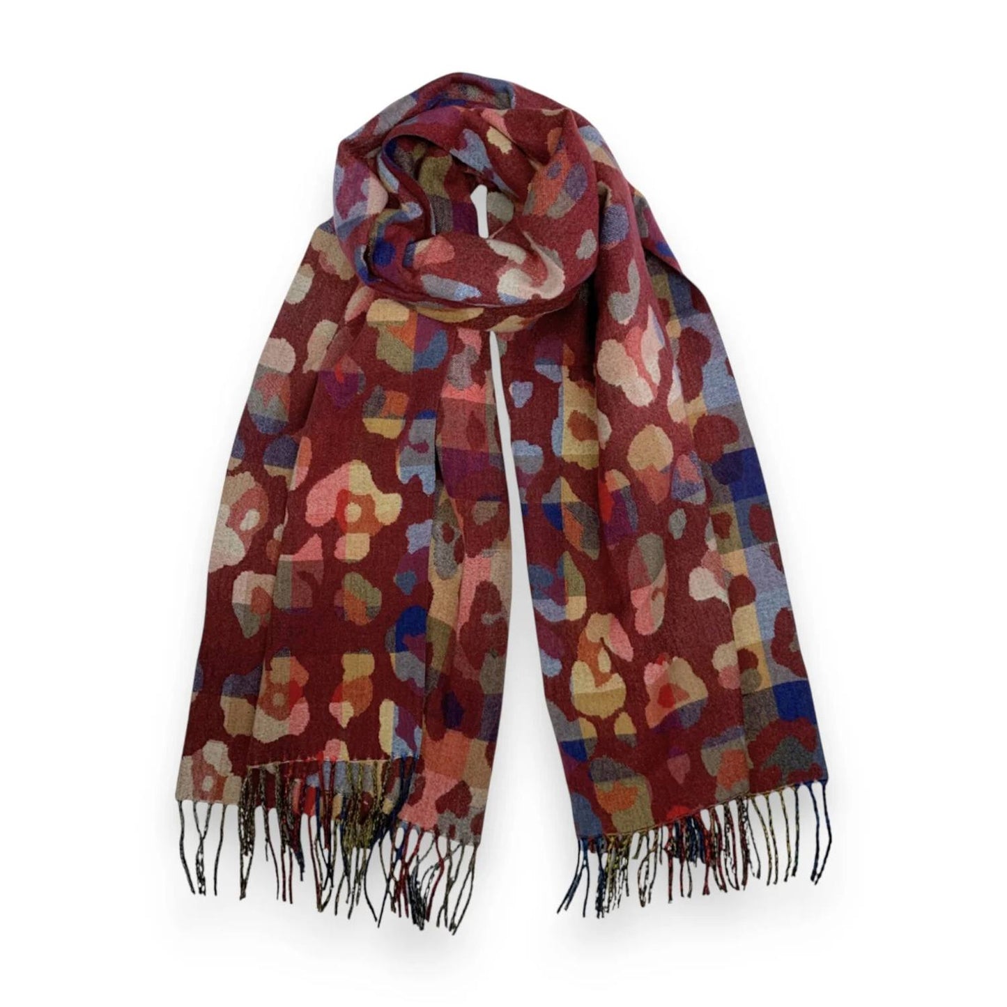 Burgundy Rainbow Leopard Print Cashmere Blend Winter Scarf | The Jewellery Stop