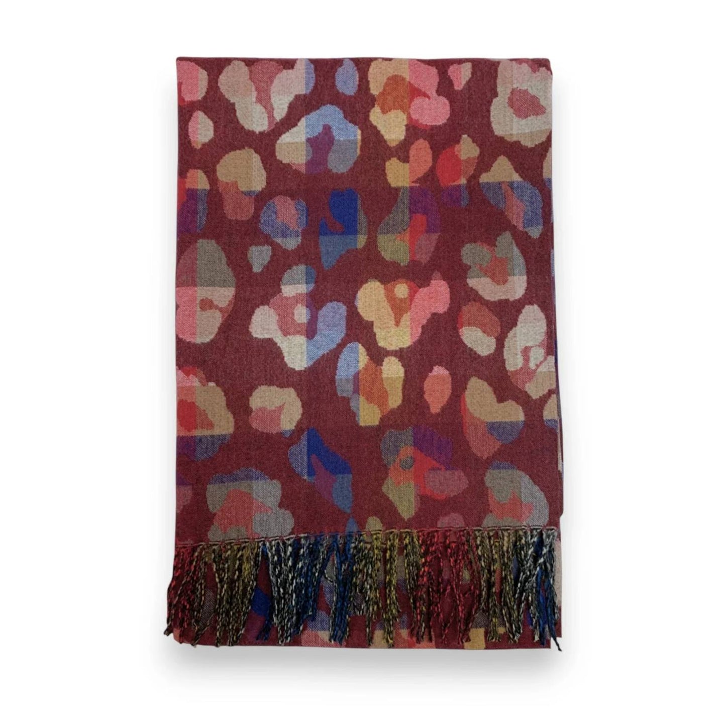 Burgundy Rainbow Leopard Print Cashmere Blend Winter Scarf | The Jewellery Stop