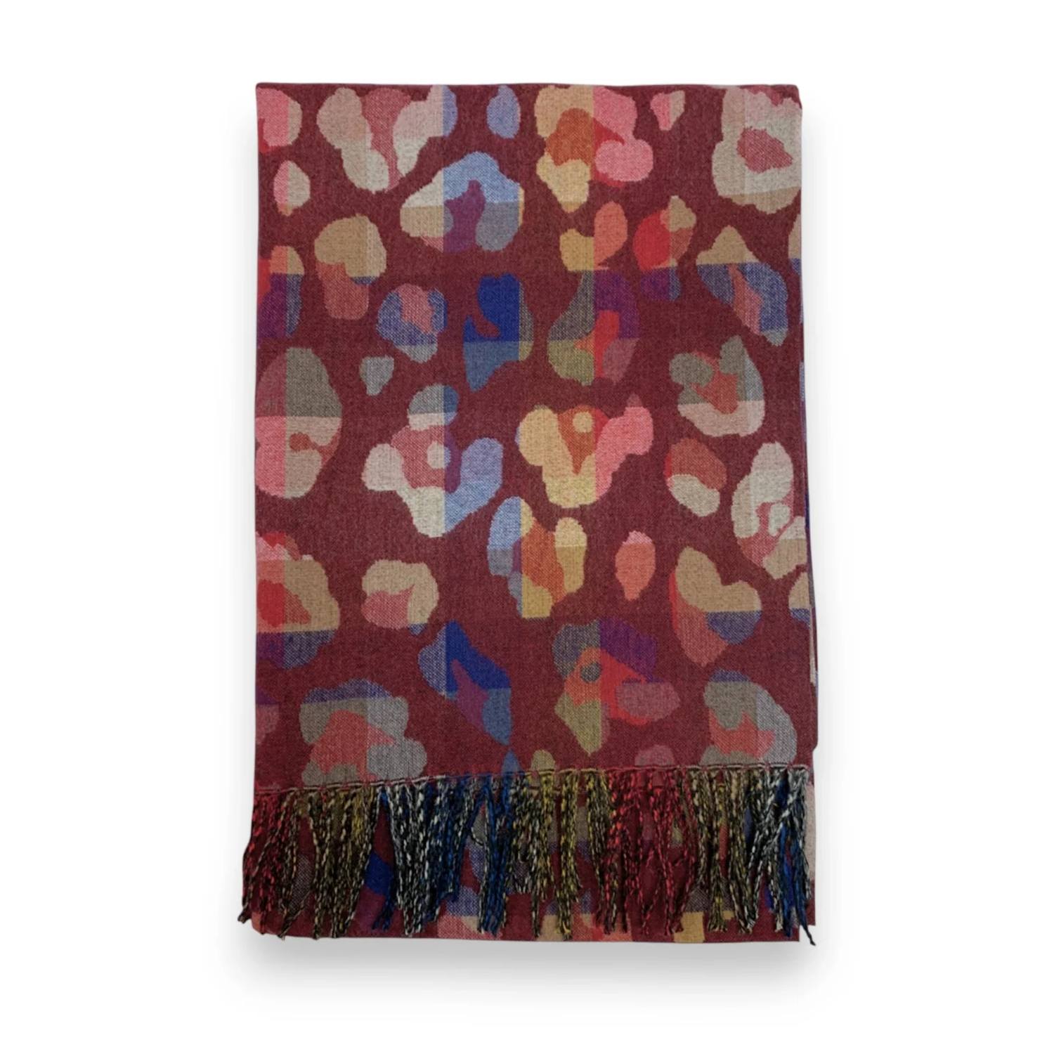 Burgundy Rainbow Leopard Print Cashmere Blend Winter Scarf | The Jewellery Stop