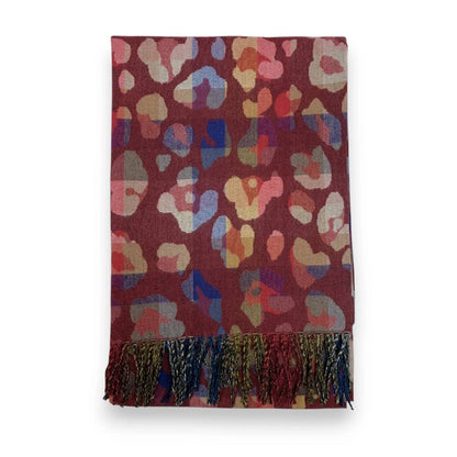 Burgundy Rainbow Leopard Print Cashmere Blend Winter Scarf | The Jewellery Stop