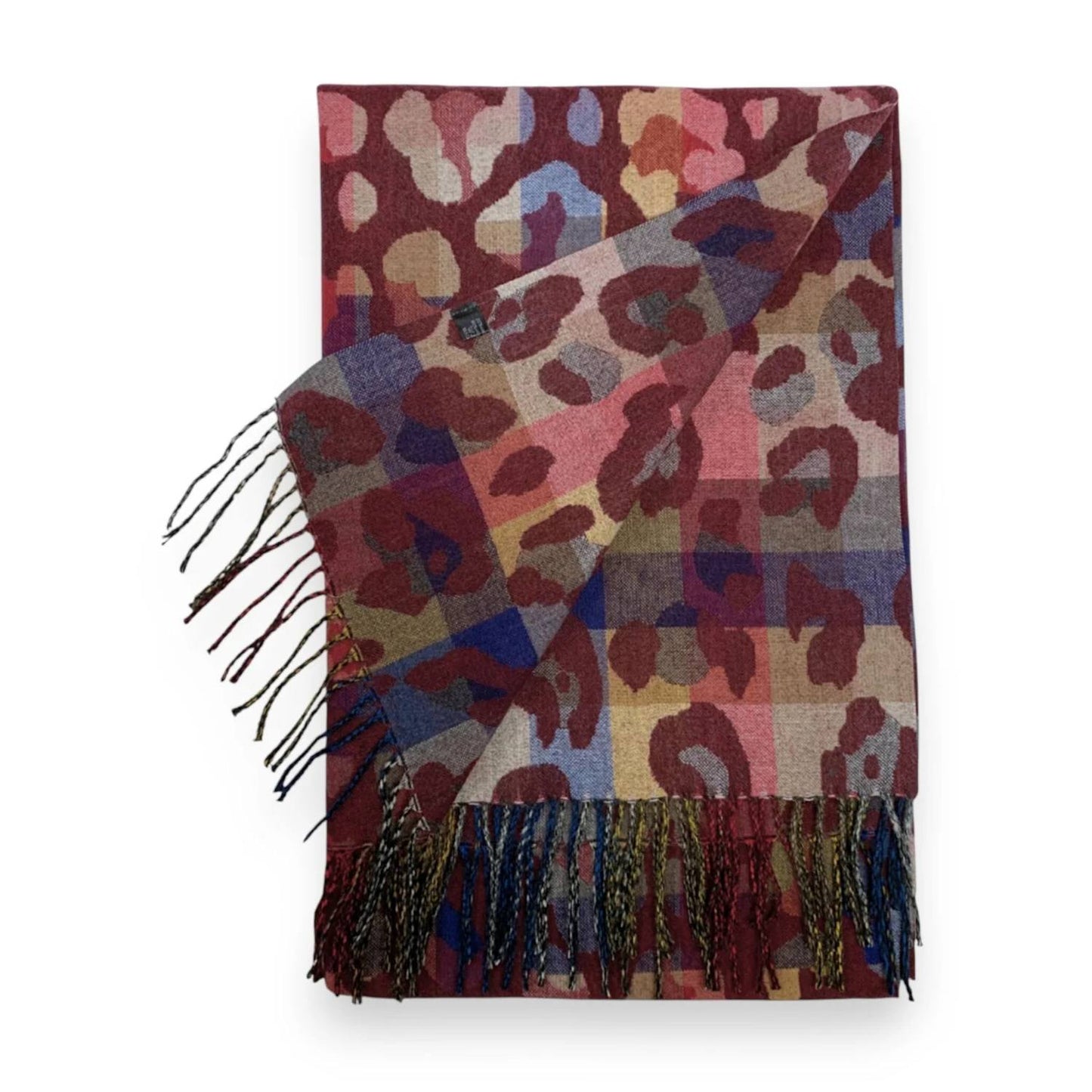 Burgundy Rainbow Leopard Print Cashmere Blend Winter Scarf | The Jewellery Stop