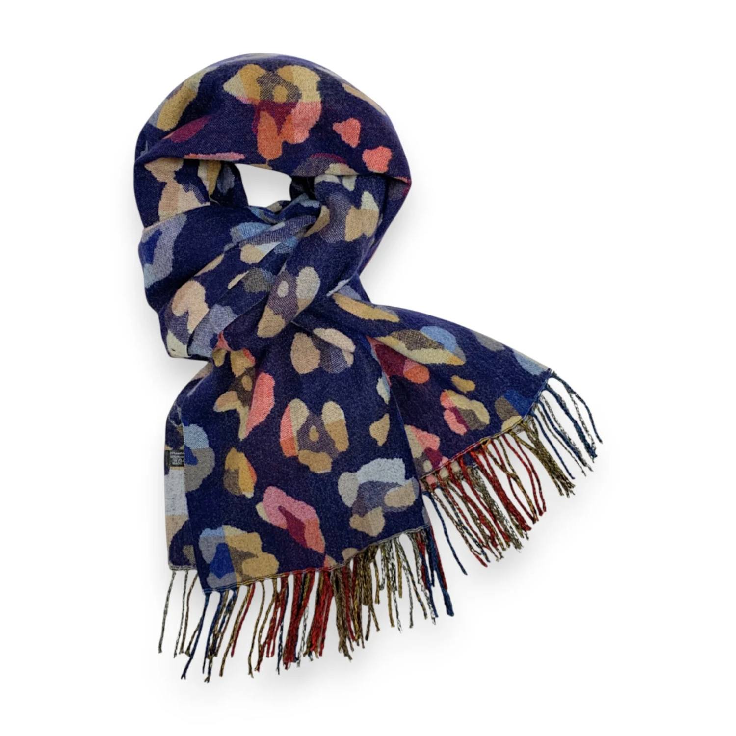 Navy Rainbow Leopard Print Cashmere Blend Winter Scarf