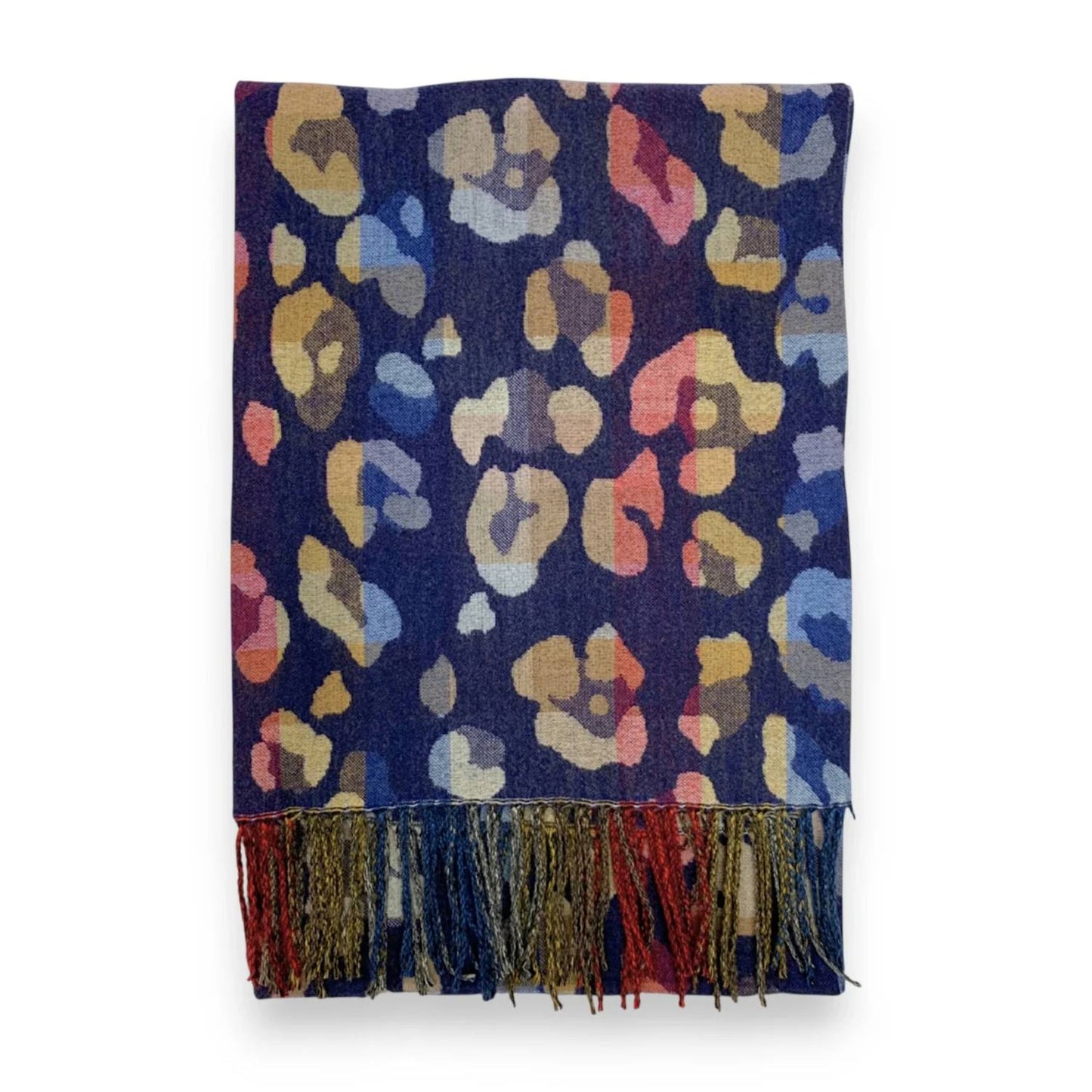 Navy Rainbow Leopard Print Cashmere Blend Winter Scarf | The Jewellery Stop
