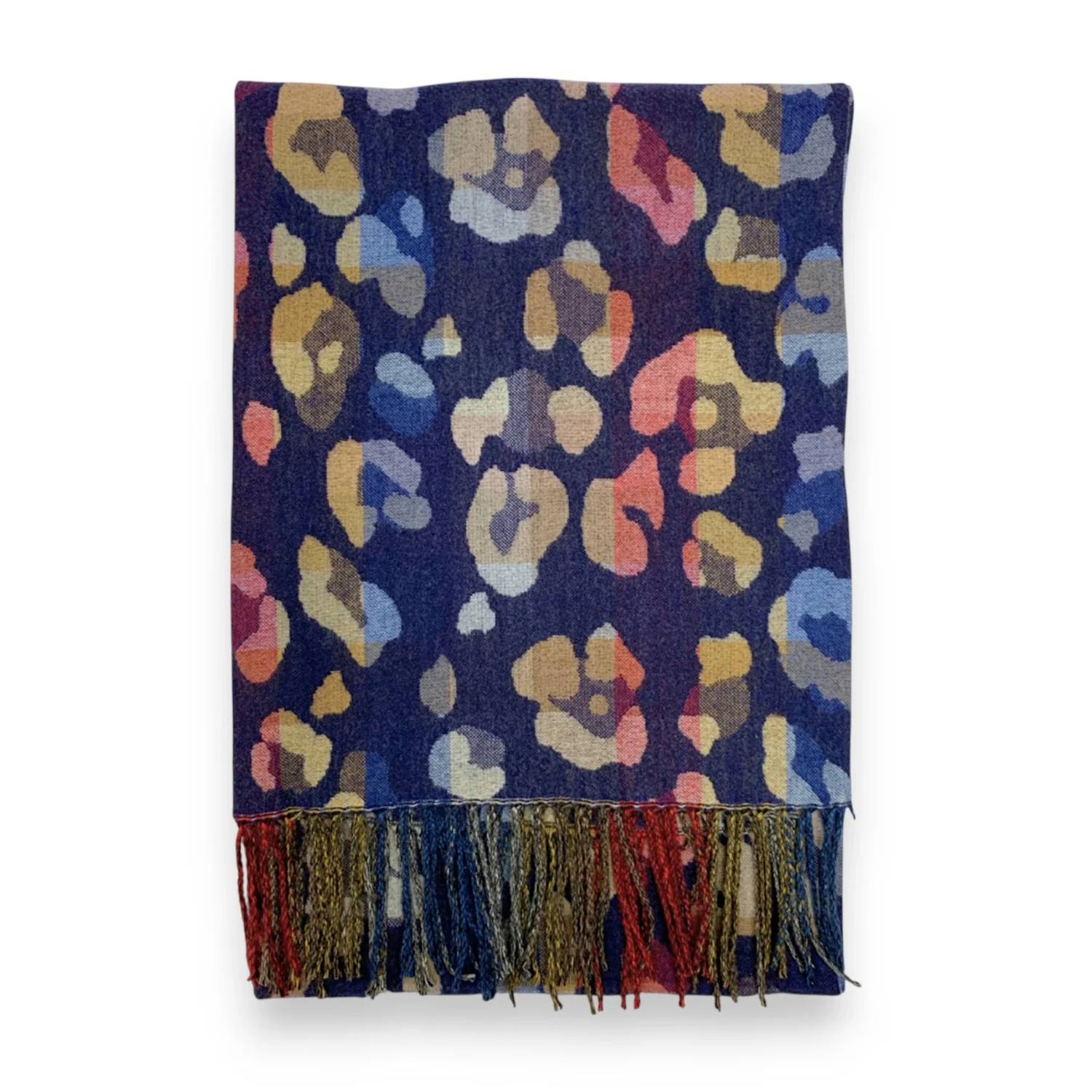 Navy Rainbow Leopard Print Cashmere Blend Winter Scarf | The Jewellery Stop