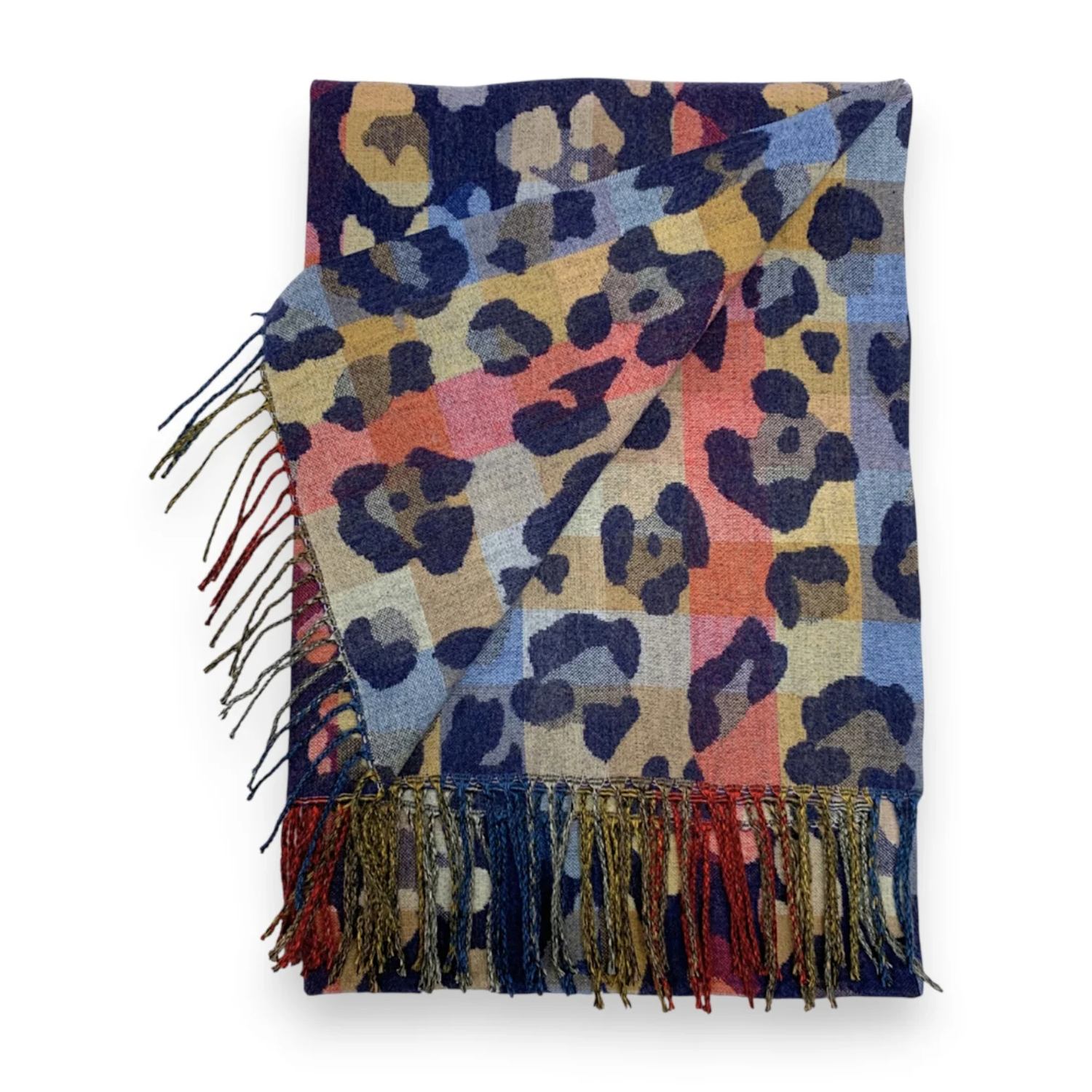 Navy Rainbow Leopard Print Cashmere Blend Winter Scarf | The Jewellery Stop