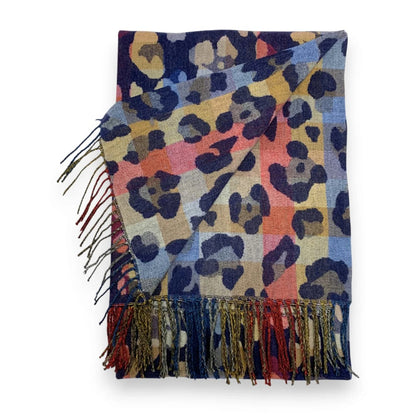 Navy Rainbow Leopard Print Cashmere Blend Winter Scarf | The Jewellery Stop
