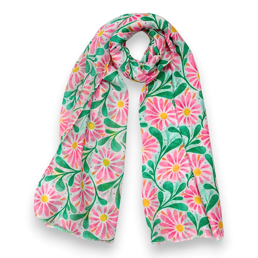 Pink Daisy Leaves Print Scarf | The Jewellery Stop
