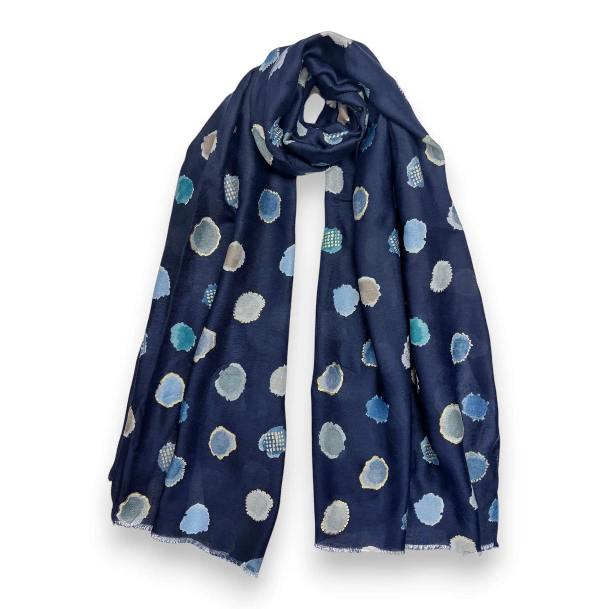Navy Colourful Spotty Print With Gold Foil Scarf | The Jewellery Stop