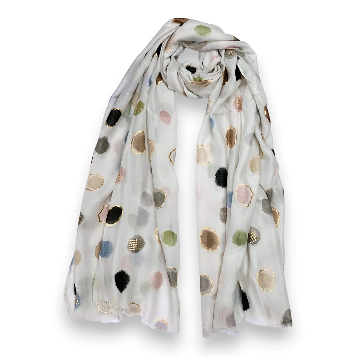 White Colourful Spotty Print With Gold Foil Scarf | The Jewellery Stop