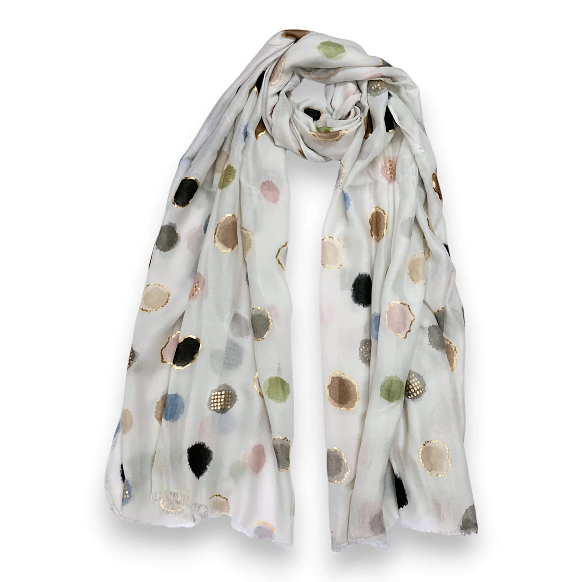 White Colourful Spotty Print With Gold Foil Scarf | The Jewellery Stop
