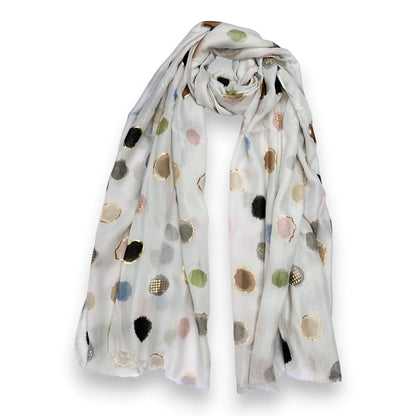White Colourful Spotty Print With Gold Foil Scarf | The Jewellery Stop