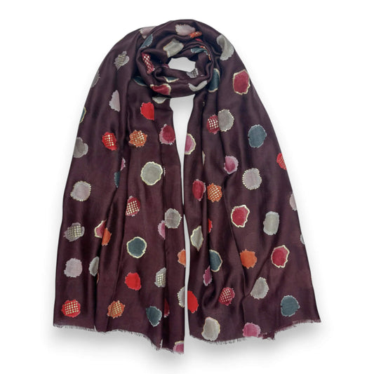 Burgundy Colourful Spotty Print With Gold Foil Scarf | The Jewellery Stop