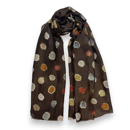 Brown Colourful Spotty Print With Gold Foil Scarf | The Jewellery Stop