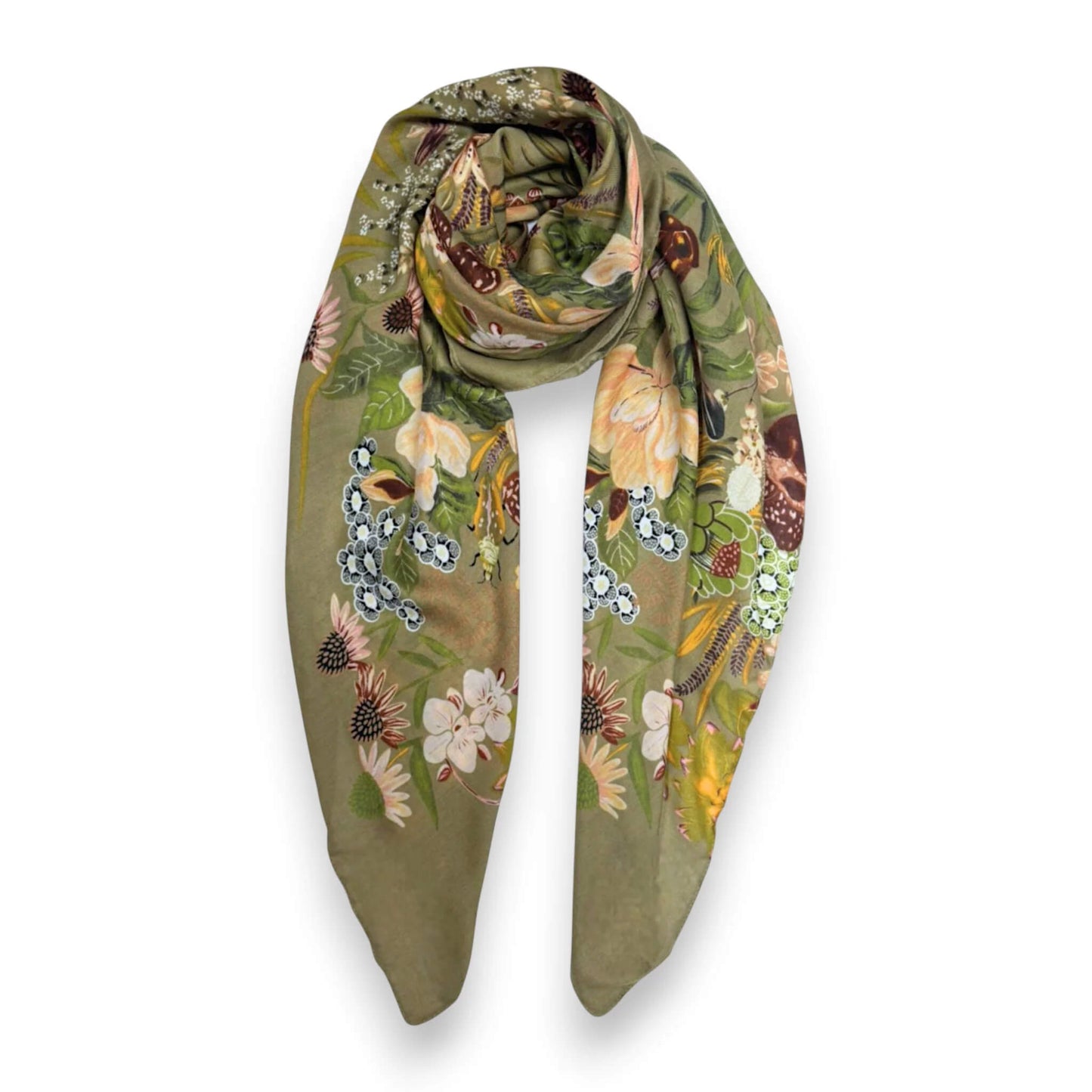 Olive Garden Print Cotton Blend Square Scarf | The Jewellery Stop