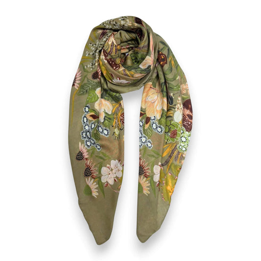 Olive Garden Print Cotton Blend Square Scarf | The Jewellery Stop