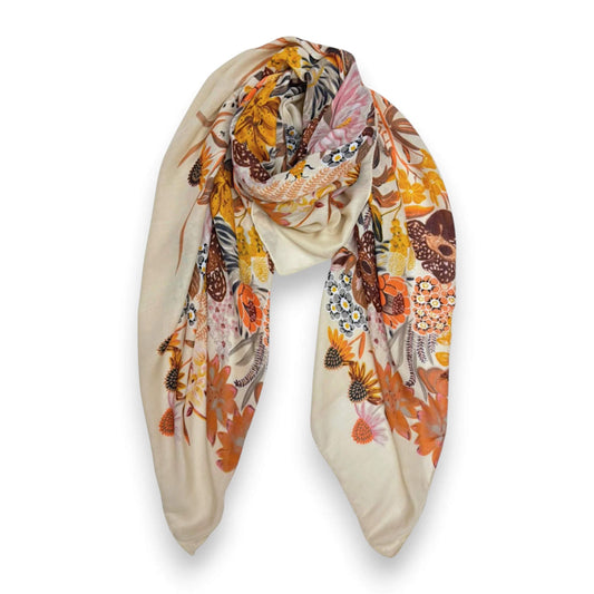 Beige Garden Print Cotton Blend Square Scarf | The Jewellery Stop