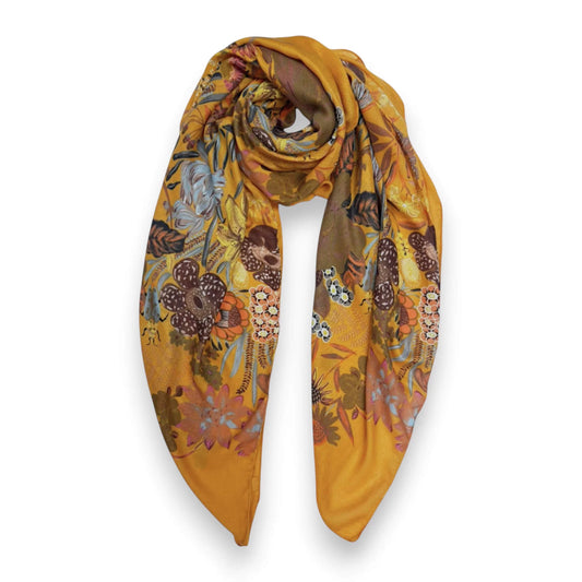 Mustard Garden Print Cotton Blend Square Scarf | The Jewellery Stop