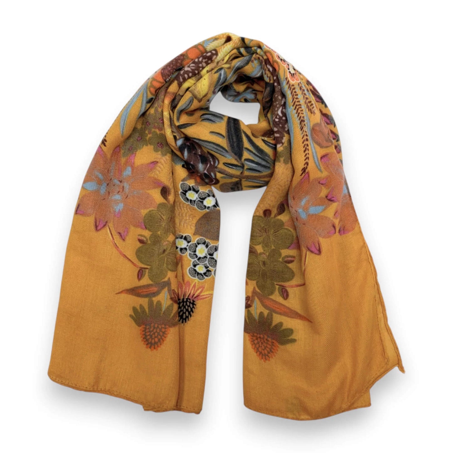 Mustard Garden Print Cotton Blend Square Scarf | The Jewellery Stop