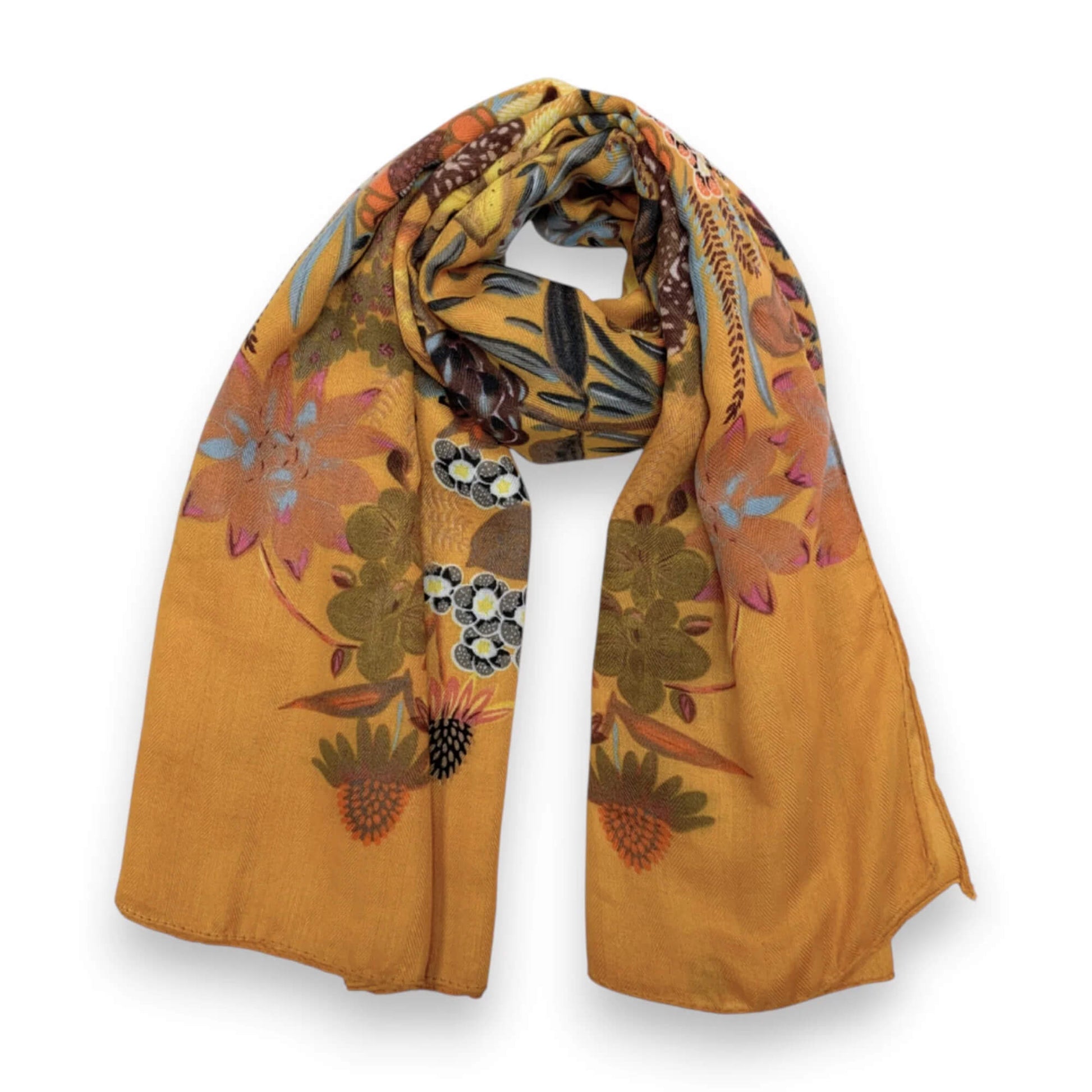 Mustard Garden Print Cotton Blend Square Scarf | The Jewellery Stop