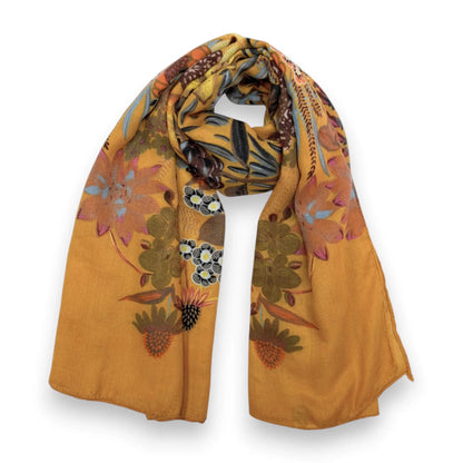 Mustard Garden Print Cotton Blend Square Scarf | The Jewellery Stop