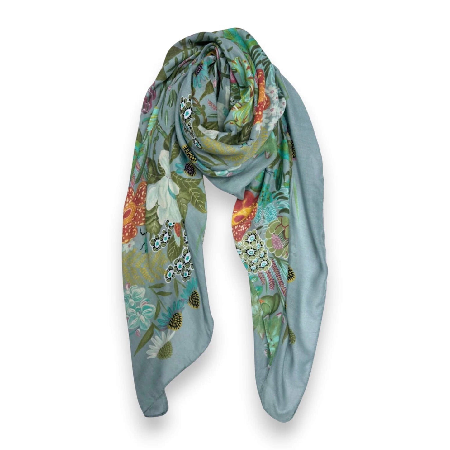Light Teal Garden Print Cotton Blend Square Scarf | The Jewellery Stop