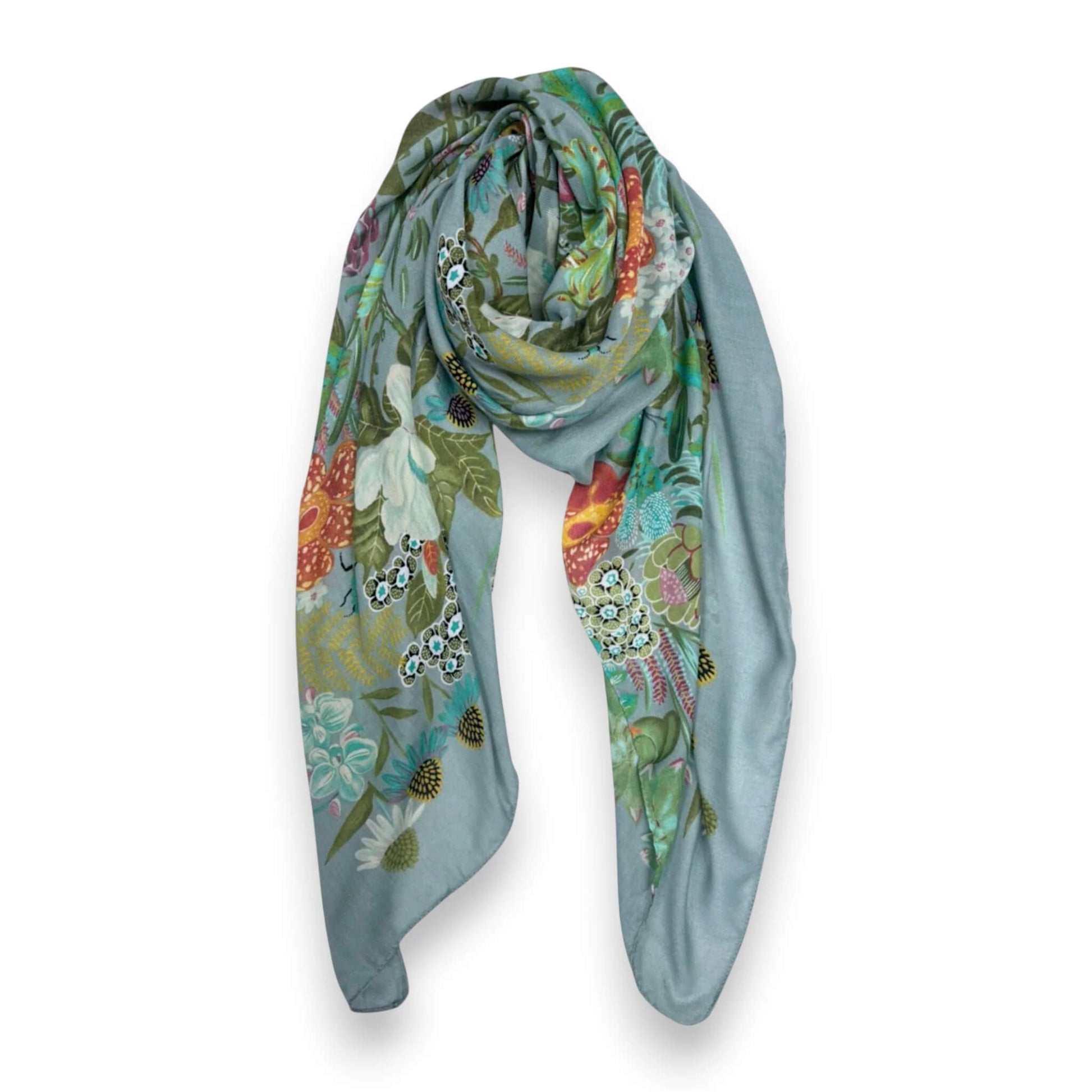 Light Teal Garden Print Cotton Blend Square Scarf | The Jewellery Stop