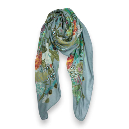 Light Teal Garden Print Cotton Blend Square Scarf | The Jewellery Stop