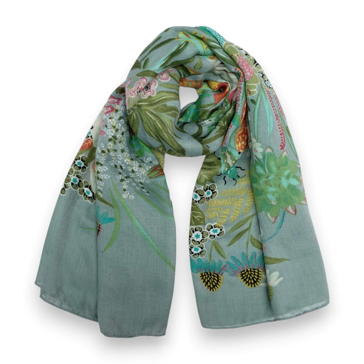 Light Teal Garden Print Cotton Blend Square Scarf | The Jewellery Stop